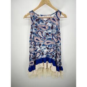 Paisley Vine Blue Pattern Lace Ruffled Sleeveless Tunic Womens Size S Small